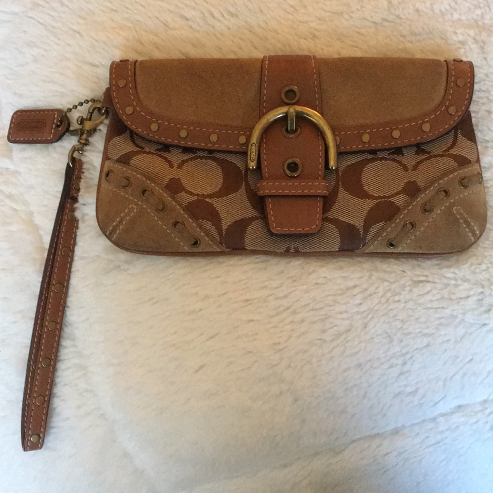 Coach Signature Tan and Brown Wristlet